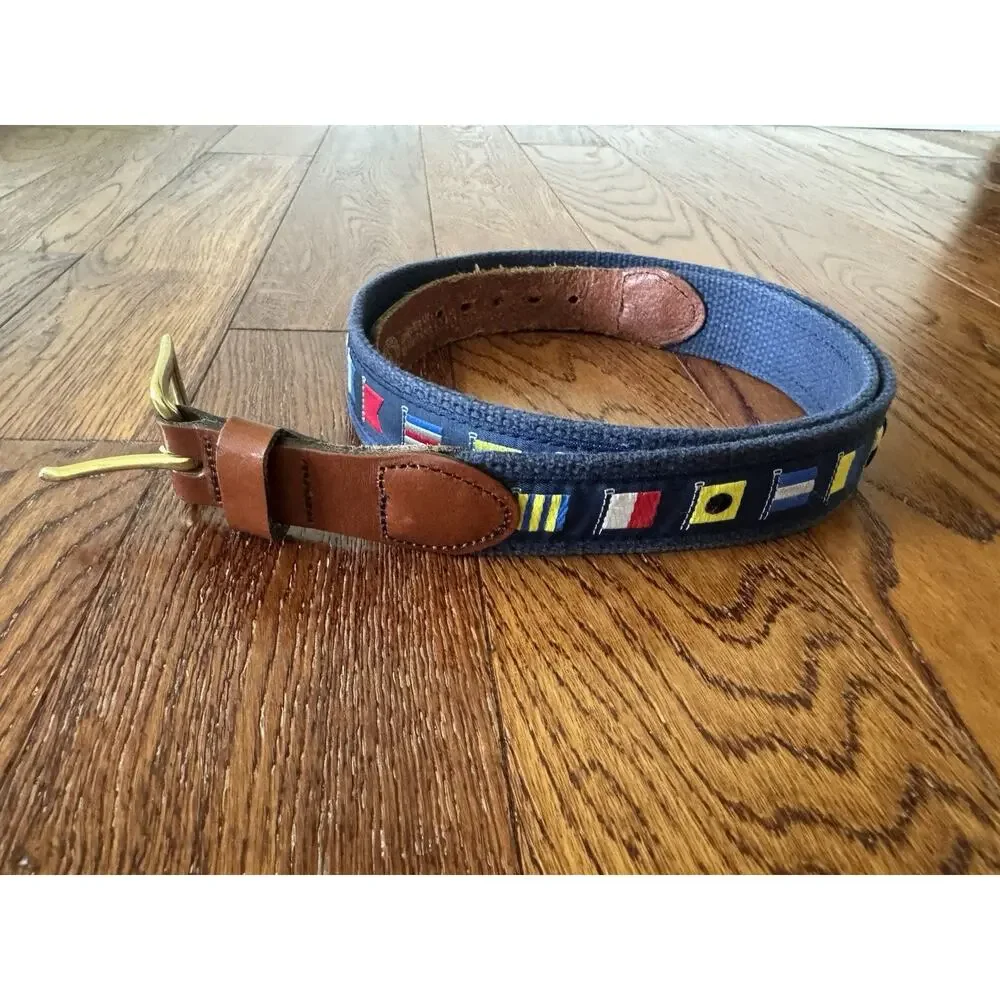 Leather Man Ltd Belt Mens 36 Navy Web Brass Buckle Embroidery Nautical Flags USA